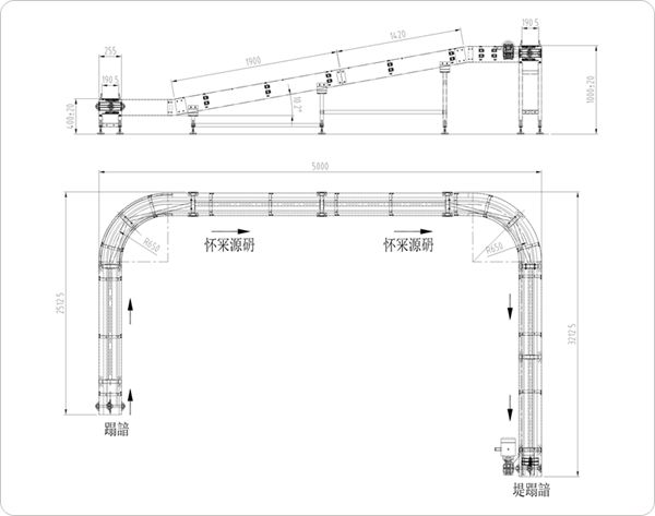 S型轉彎鏈板輸送機示意圖 S型轉彎鏈板輸送機示意圖
